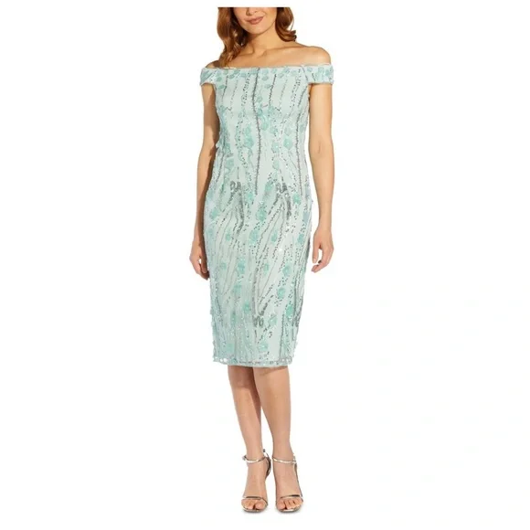 NWT Adrianna Papell Beaded Off Shoulder Dress Sea Glass 💗 - Picture 1 of 8